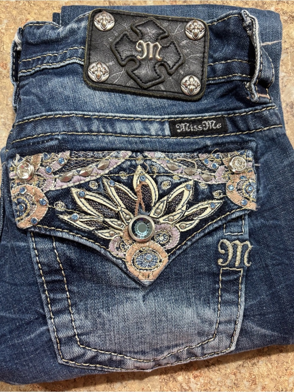 Signature Women's Embellished Dark Blue Denim Boot Cut Jeans